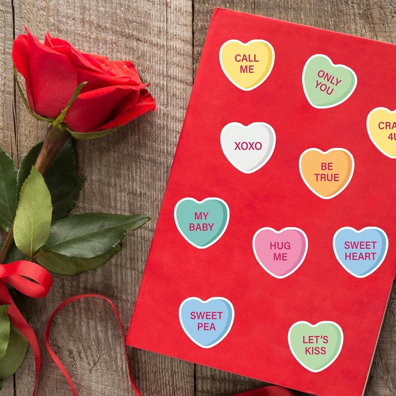 Whaline 1400Pcs Valentine Candy Hearts Stickers Conversation Hearts Stickers Colorful Love Hearts Stickers Assorted Adhesive Labels for Valentines Cards Envelopes DIY Craft Gift Decor - Image 4